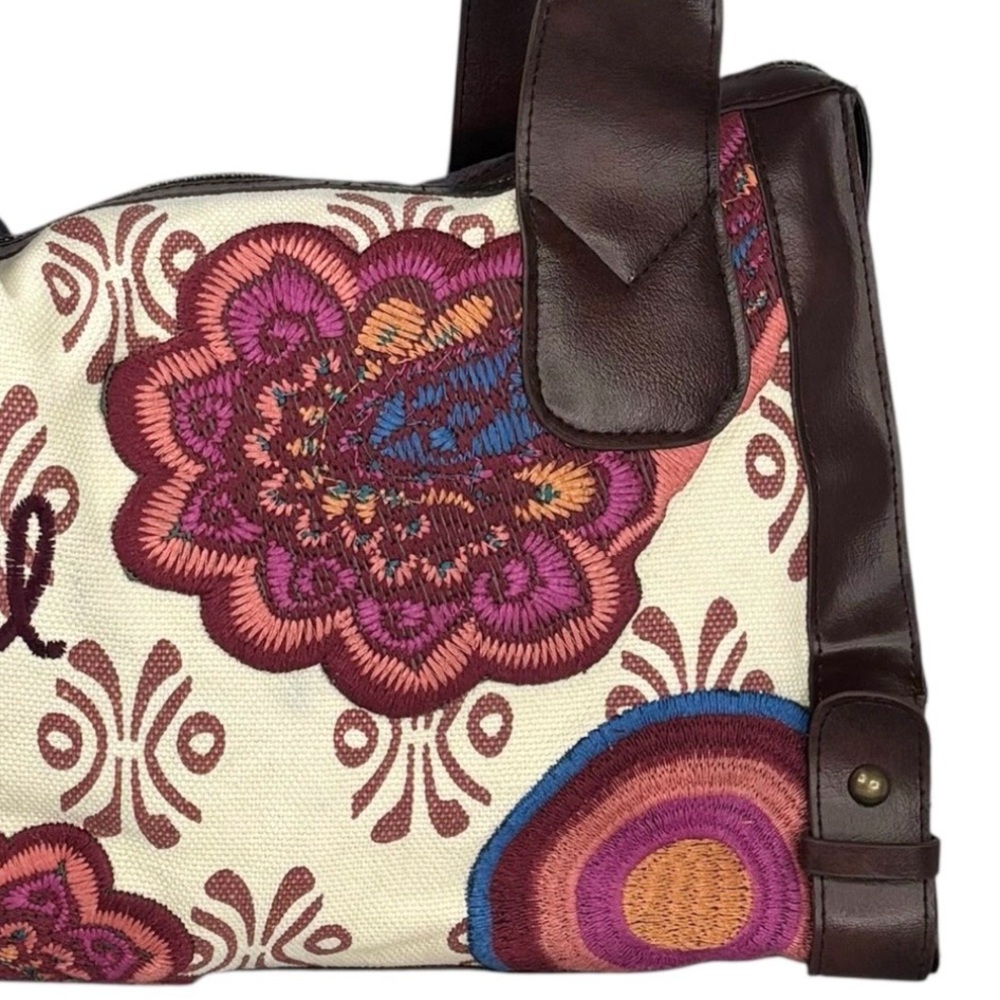 Desigual Embroidered Floral Pattern Faux Leather Trim Double Handle Shoulder Bag - Picture 3 of 14